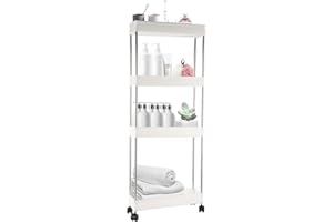 AKOLAFE Wózek wąski, biały, 38 x 12 x 97 cm, wózek kuchenny na kółkach, regał wnękowy 12 cm szerokości, wózek do przechowywania z 4 poziomami, mały regał kuchenny, regał łazienkowy, wózek do