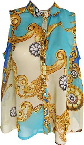 Ladies Womens Baroque Scarf Print Loose Fit Swing Chiffon Shirt Blouse Top (8, Blue)