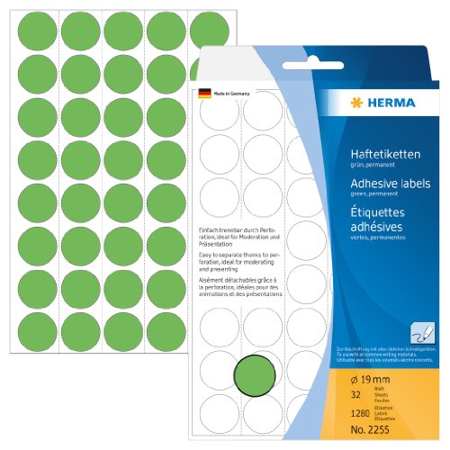 Herma 2255 - Etiquetas multiuso  di  metro 19 mm  redondo  papel mate  papel de soporte perforado  1280 unidades  color verde