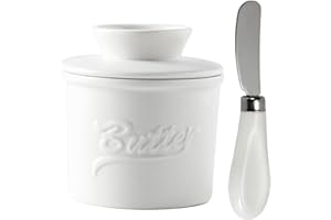 AUROBEST Coccio Burro con Coperchio, Coltello Burro, Contenitore Burro Ceramica Bianca Rotonda, Burriera Francese per Burro Fresco Spalmabile, Portaburro Cucina Porcellana con Linea Acqua Raffreddato(Bianco)