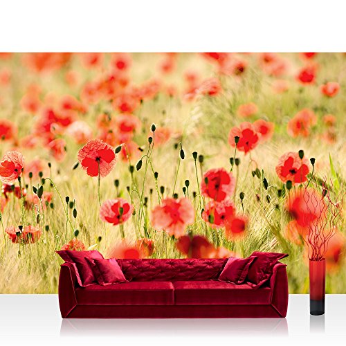 Vlies Fototapete 350x245 cm PREMIUM PLUS Wand Foto Tapete Wand Bild Vliestapete - DREAM OF POPPIES - Romantik Mohn Feld Blumen Gras - no. 070