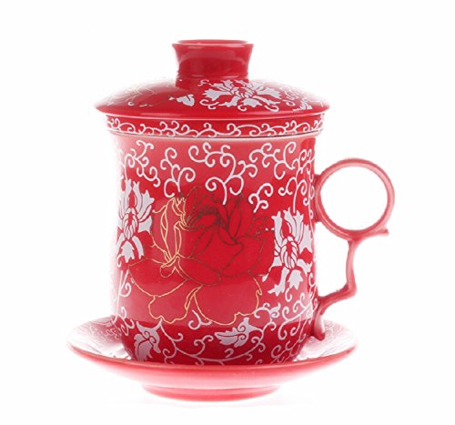Chinese Teaware Red Porcelain Bone Tea Cups Tea Mug (With Lid) Red Dragon-Rose Flower