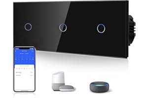 BSEED Triplé Interrupteur Connecté Intelligent 1 Gang 1 Voie Interrupteur Tactile (Ligne Neutre Requise) WiFi Interrupteur de Verre 228mm Noir