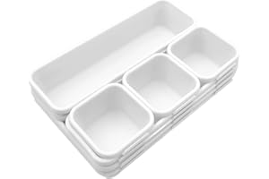 TIWIHON 8Pcs Drawer Organiser - Interlocking Drawer Dividers Plastic Storage Trays, 3 Sizes Uncluttered Storage Drawer Tidy Trays Dividers for Kitchen Office Desk Make-Up Stationery Bathroom Jewellery (White)