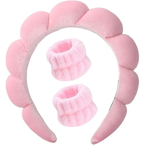 TEMPERIA Makeup Headband Wristband Set for Women & Girls | Hair Band for Facial Time | Head Bands Skincare Hairband for Spa | 3 Pieces Set | Pink