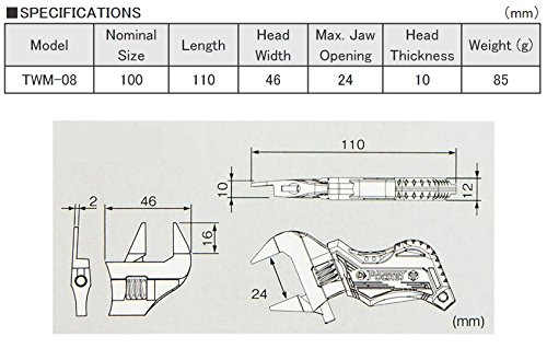 Stubby verstellbaren Schraubenschlüssel mit ultra slim Backen (nur 2 mm dick) klein, Taschenformat Schraubenschlüssel. Engineer twm-08, stubby smart adjustable spanner with slim jaws - 5