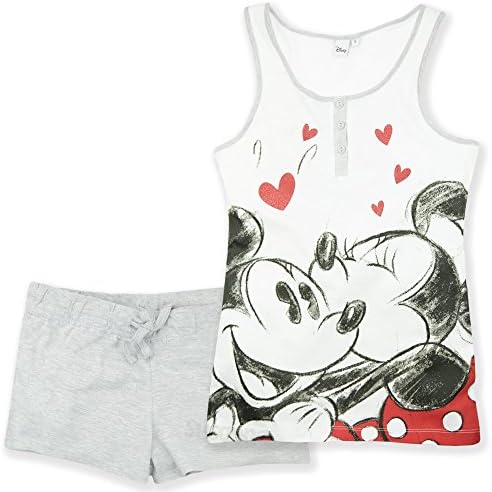 Disney Minnie Mickey Mouse Official Women's Ladies Pyjamas Set Short Sleeve 100% Cotton - Grey L