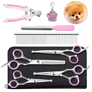 Suteck Dog Grooming Scissors Professional Stainless Steel Thinning and Curved Shears with Safety Round Tip Pet Nail Clipper and File Dog Tag