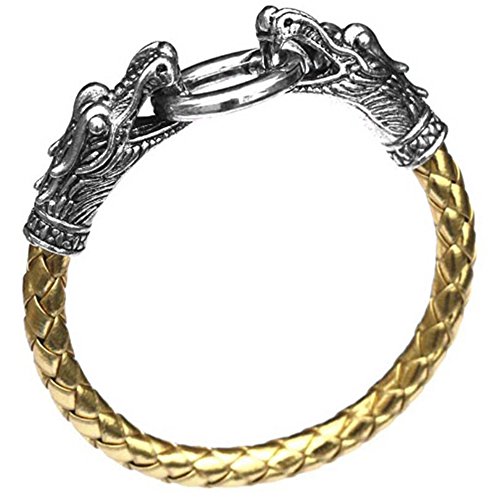 MESE London Pulsera Dragón en Cuero para Hombres Cabeza de Serpiente Vikinga de Oro