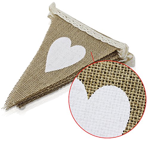 PsmGoods® Weinlese-Herz Jute Sackleinen hessischen Bunting Banner Flag für Hochzeitsfest-Dekoration-weiße Spitze 3m - 9