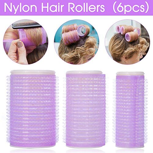 Lameila 6 in 1 Self-grip Plastic Hair Styling Roller Curlers Large,Medium,Small Size for Women Ladies (Three Sizes in A Set,Purple)