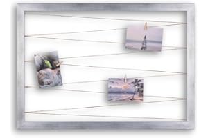 CLAMARO 'Collage Line' Fotohalter 60x40 cm | Silber gebürstet | Querformat Bilderrahmen mit Fotoleine aus Juteband und Holzklammern | Ideal als Fotocollage Galerie, Fotowand oder Fotorahmen