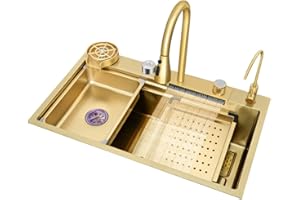 YilwnnCse Fregadero de Cocina,Fregadero de Cascada,Fregadero de lluvia volador,Juego de Fregadero Doméstico de Acero Inoxidable 304,Fregadero Integrado con Grifo Extraíble,Oro (68×45×21cm)