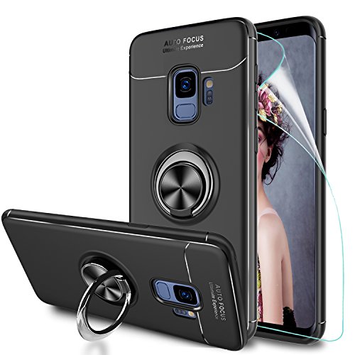 HandyhÃ¼lle Samsung Galaxy S9 HÃ¼lle mit HD- Schutzfolie,LeYi Neu Original Handy HÃ¼lle S9 HÃ¼lle Case mit Metall 360 Rotation Verstellbarer Ring Grip Stand Halter StÃ¤nder Personalized Design Kompatibel mit Magnetischer Autohalterung,UltradÃ¼nnen Ultra Slim Fit StoÃŸdÃ¤mpfung Anti-Scratch Silikon StoÃŸfÃ¤nger Bumper Anti-Fingerprint Soft Flexible TPU Smartphone SchutzhÃ¼lle fÃ¼r Samsung Galaxy s9 HandyhÃ¼lle Handycover Men JSZH-TPU Black