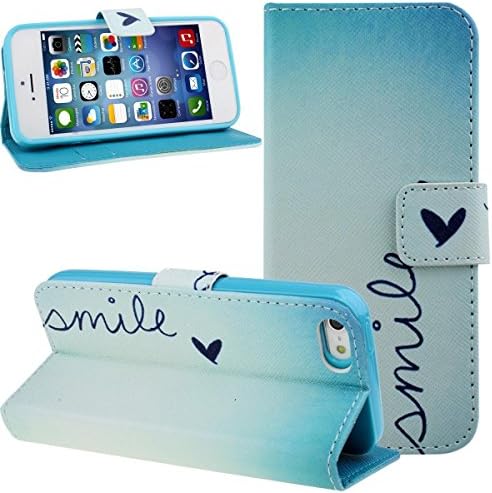 For iPhone 5S PU leather Cover, Ruirs Nice Fashion Light Blue Smile Little Love Shape Pattern Wallet Pu Leather Flip Folio Stand Case Cover Pouch With Credit ID Card Holder Slots for iPhone 5 5S (Blue Smile )