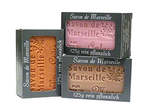 100% Naturseifen: Moschusseife & Amberseife & Zedernholzseife, 3-teiliges Seifenset (Savon de Marseille)