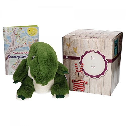 Preisvergleich Produktbild Warmies Geschenkset T-Rex, Kuscheltier, Wärmestofftier mit Lavendelduft, Wärmekissen + edle Geschenkverpackung + Büchlein mit spannenden Kindergeschichten