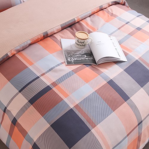 Exclusivo Mezcla 3-Piece Plaid Brushed Microfiber Reversible Duvet Cover Set with 2 Pillowcases - Double Size (200X200 CM), Pinkish-Orange Tartan Check