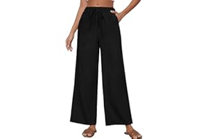 Xnova Pantalones Mujer Verano Frescos Sueltos Pantalon Lino Largos Ligeros Anchos Casuales Elasticos Pantalon de Pierna Ancha Holgados con Cordón y Bolsillos
