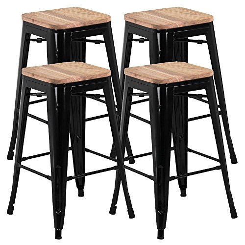 spécification Yaheetech 4 Tabouret de Bar Design Industriel Tabouret Haut Bistrot Bois et Métal Vintage Hauteur DE 66,5cm, Max.150kg