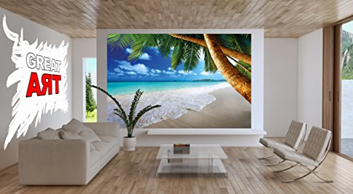 Fototapete Palmenstrand Wandbild Dekoration Karibik Traumstrand Bucht Paradies Natur Insel Palmen Tropen blauer Himmel Sommer | Foto-Tapete Wandtapete Fotoposter Wanddeko by GREAT ART (336 x 238 cm) - 2