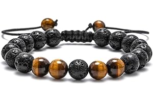 TINGN Lavastein Herren Armband, 8mm Männer Tigerauge Lavastein Armband Stressabbau Yoga Perlen Verstellbares Armband Angst Verstellbare Herren Armband Geschenke für Männer Frauen