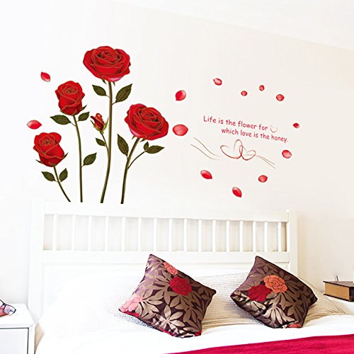 Qianxing abnehmbares wiederverwandbares schöne entspannte Landschaft Wandbild Wallsticker Blumen und Baum Serie Wandtattoo Aufkleber für Sofa und Fernsehen im Wohnzimmer Deko Wandpapier(rote Rosen)(120*75) - 5