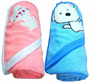 BRANDONN Baby Boys And Girls Terry Cotton Bath Towel (Blue And Pink, 0-2 Years) - Pack of 2