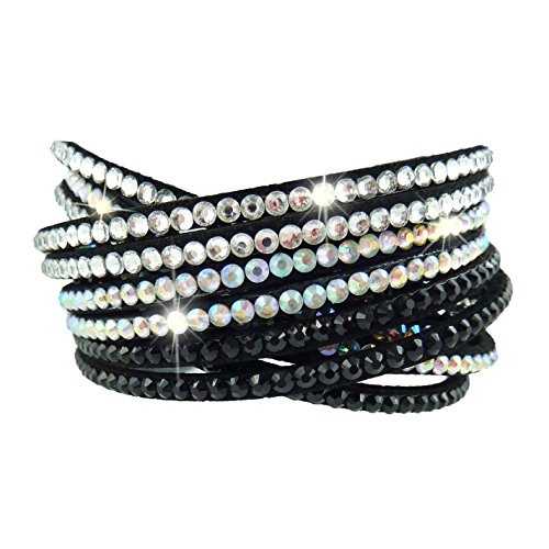 Fabulous Bijoux Bracelet Wrap Slake Cascade Strass Brillant Cristal en Cuir Daim Noir