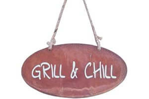 kreativherz - Gartenschild mit Spruch „GRILL & CHILL“ in Rost-Optik Metall - Hängeschild Gartenschilder für Draußen/Outdoor wetterfest - Rostige Gartendeko Spruchtafel - Garten Deko-Schild: 35x18cm