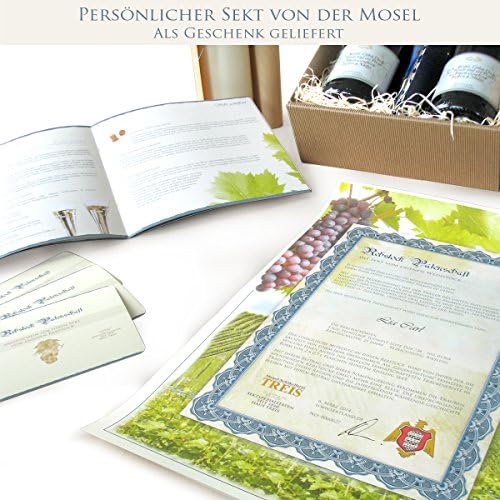 Sponsorship for a vine for 3 years including 2 bottles of sparkling wine, dry Cabinet, 11% Vol. each in 0.7 liters royal blue luxury bottles, German with aluminum frame