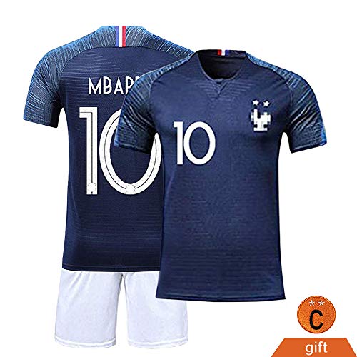 Fine Finet Maillots de Sport Garçon Football T-Shirt et Short France 2 Étoiles Vêtements de Football N° 10 Beau Populaire pour Enfant Garçon, Bleu