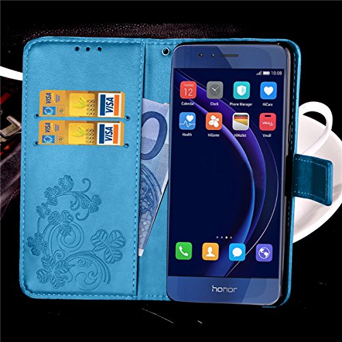 Etsue Lanyard/Strap für Huawei Honor 8 [Blumen Baum Blatt] Leder Schutzhülle Ledertasche Case Muster, Bunte Retro Floral Leaf Painted Magnetverschluss Premium Leder Hülle Wallet Cover Flip Case Brieftasche Hülle Standfunktion Kartenfächer Handyhüllen für Huawei Honor 8 + 1x Glitzer Staub Stecker + 1x Blau Eingabestift-Blau - 3