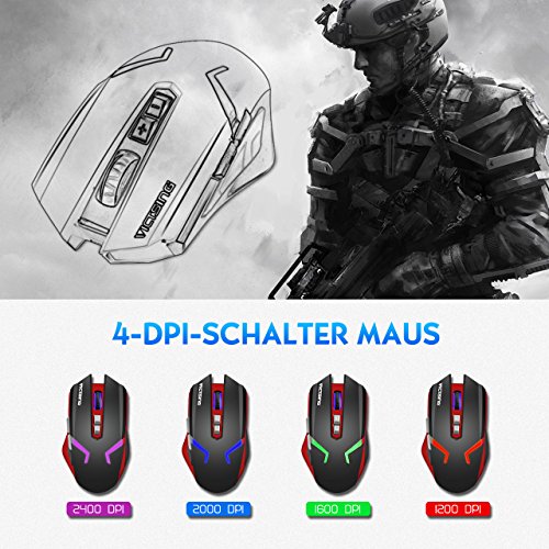 VICTSING Rat  n Gaming Inal  mbrico  Dual Modo con Cable y Receptor USB  4 DPI Adjustables 2400 Max  4 Colores de Iluminaci  n Respirada  7 Botones para PC  Port  til  Computadora  Ordenador