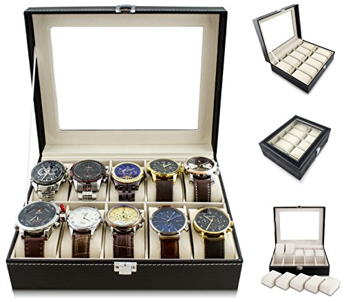 VENKON – Uhrenbox für 10 Uhren mit Schaufenster aus Glas für Aufbewahrung & Präsentation – Kunstleder Schwarz – 25,5 x 20,5 x 8 cm - 2