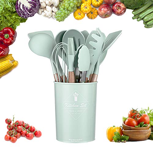 Tatufy Kit ustensiles de Cuisine, 9 pcs kit Ustensiles de Cuisine en Acier Inoxydable, Set spatule en Silicone, Batterie de Cuisine antiadhésive Anti-Rayures et résistante à la Chaleur avec Support