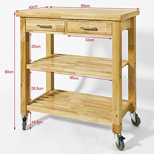 SoBuy® Servierwagen aus Kautschukholz ,Küchenwagen,Küchenregal, Rollwagen ,B80xT40xH90cm, FKW24-N - 2
