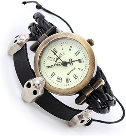 New 3 Style DIY Punk Skull Rivet Women Ladies Leather Weave Wrap Rope Bracelet Quartz Wrist Watch Bangle Accessory Gift (Style 1)