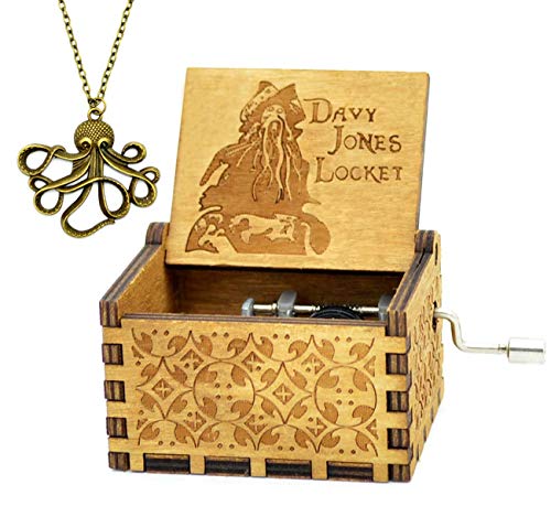Caribe Davy Jones caja de música manivela antigua caja de madera de madera y pulpo collar para la colección de decoración del hogar