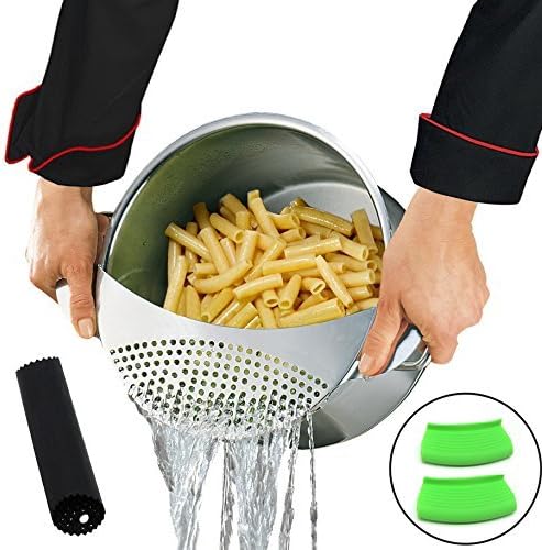 Best Utensils Stainless Steel Pan Pot Strainer Pasta Strainer Easy Draining of Spaghetti Vegetables Colander & Drainer with Bonus Garlic Peeler and Silicone Hot Handle Holder