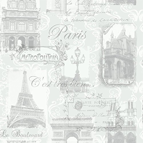Arthouse Paris Collage Muster Tapete Eiffelturm Metallisch Typographie - Silber 692001