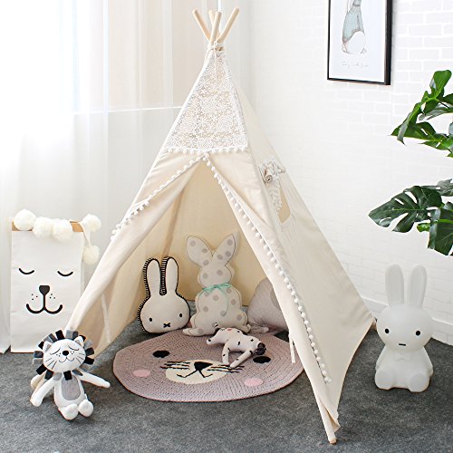 Lebze Teepee Tent for Kids - Natural Cotton Canvas Lace Play Wigwam for Baby Girls