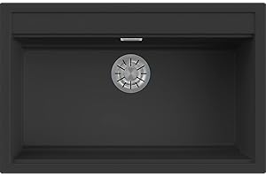 EVHOC Lavello di Design per Cucina 1 Vasca DESIDERATA S Sopratop, Lavandino in Kuarzite Vasca Unica, Piletta Inclusa, Fascia Miscelatore Preforata 4 Fori, Made in Italy, Nero, 79x51 cm