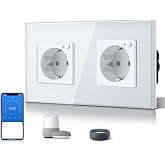 BSEED Smart Plug with Glass, WiFi Wall Plugs with Energy Meter, Remote Control and Timer, Neutral Cable Required, 2 WiFi Plug