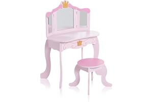 ‎BABY VIVO Baby Vivo Kinderschminktisch Schminkkommode Kosmetiktisch Frisierkommode Frisiertisch Make-Up Tisch mit klappbaren Spiegeln und Hocker aus Holz - Fiona