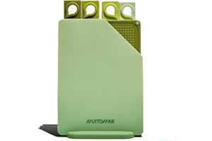 Muitomas, Set Taglieri Colorati da Cucina in Plastica Rigida Resistente ai Tagli, con Gommini Antiscivolo e Contenitore Sottile Salvaspazio, 20,5 x 14,5 cm, Colore Verde Salvia