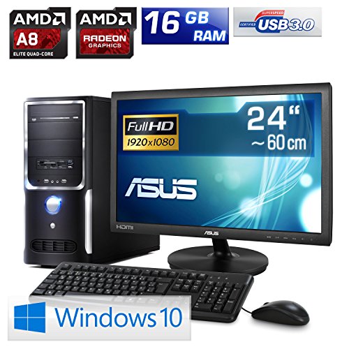CSL Sprint Vision D10030X inkl. Windows 10 – AMD A8-6600K APU 4x 3900 MHz, 16 GB RAM, 1000 GB HDD, Radeon HD 8570D, DVD-RW, USB 3.1, 24″ ASUS LED TFT, Windows 10 - 2