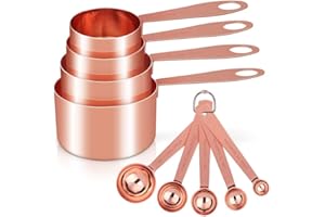 Cuteefun Set di 9 Misurino e Cucchiaio Dosatore, Manico in Acciaio Inox con Misure Metriche e Statunitensi, Misurini Cucina per Ingredienti Secchi e Liquidi per Cucina, Forno, Bevande (Oro Rosa)