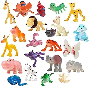 SUPER TOY Mini Jungle Cartoon Animal Toys Figure Playing Set for Kids - Pack of 22 Pcs
