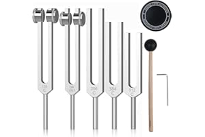 NEWFUN Diapason,Diapason,Juego de 5 diapasones (128HZ, 136.1HZ, 256HZ, 384 Hz, 512 Hz) ideal para terapia, para terapia de chakras, terapia de sonido, mantener el cuerpo y la mente relajados